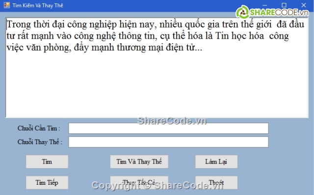 Code C# Search,C# tìm kiếm và thay thế,c# search and replace,c# tim kiem va thay the,c# tim kiem chuoi,c# thay the 1 chuỗi